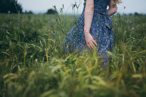 A young woman in a blue dress walks through green fields.
