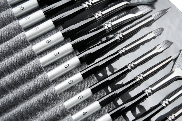 istock Different brushes with paints on white background. View of various professional paint brushes isolated on white. Set of brushes for painting in a case 1497812664
