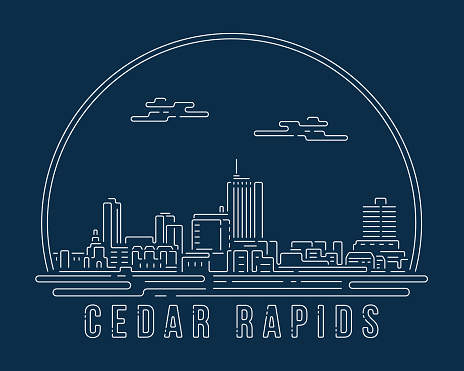 istock Cedar Rapids, Iowa - Cityscape with white abstract line corner curve modern style on dark blue background, building skyline city vector illustration design 1497812815