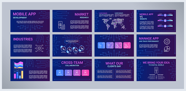 Mobile app development presentation templates set. Software monetization. Information technology. E-commerce. Ready made PPT slides on purple background. Graphic design. Roboto, Arial fonts used