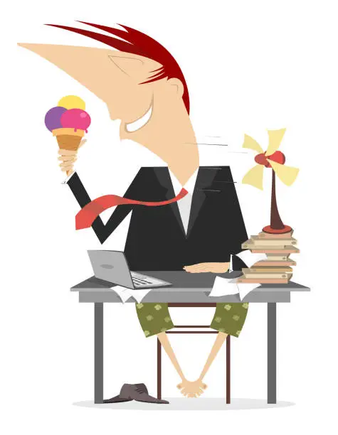 Vector illustration of Heat in the office. Businessman, fan cooling air. Ice cream