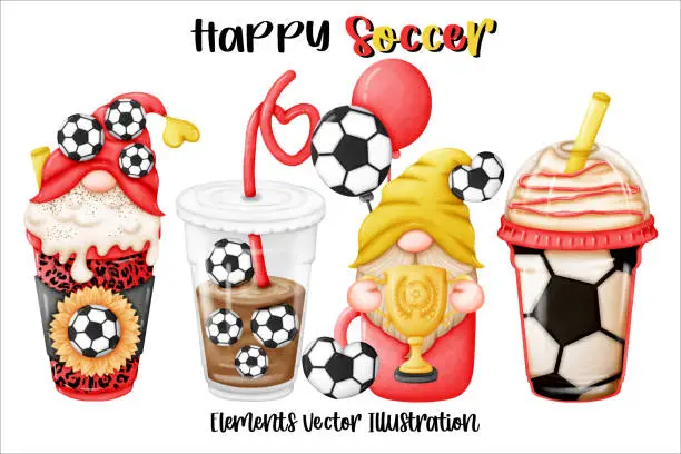 Vector illustration of Coffee Gnomes Soccer Ball Element Watercolor Vector File ,Clipart cartoon vintage-Retro style For banner, poster, card, t shirt, sticker