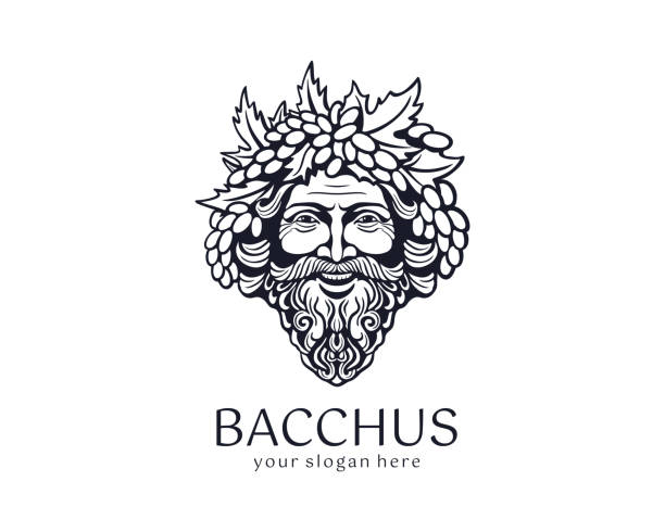 stockillustraties, clipart, cartoons en iconen met symbol bacchus or dionysus. man face symbol with grape berries and leaves. a style for winemakers or brewers. sign for bar and restaurant. - wijnmakerij