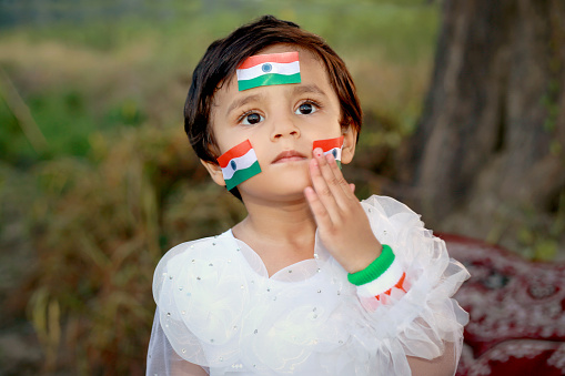 -  2-3 years girl standing against nature background outdoors in the agricultural field with tricolor on both cheeks.