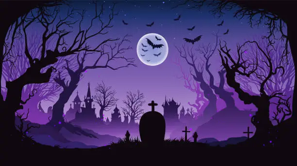 Vector illustration of Old cemetery in spooky forest, scary trees, bats, tombstones