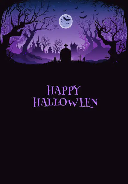 Vector illustration of Halloween  background, cemetery night scene