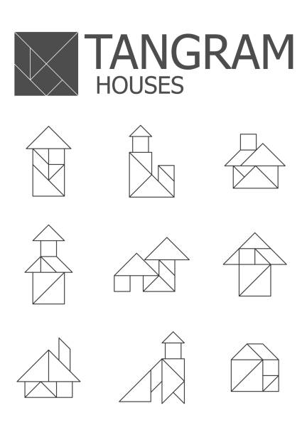 ilustraciones, imágenes clip art, dibujos animados e iconos de stock de casas establecer tangram ilustración lineal sobre un fondo blanco. iconos aislados. - tangram casa