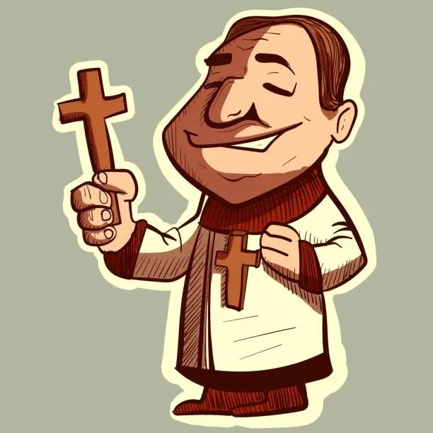 Vector illustration of Digital illustration of a catholic priest holding a crucifix in his hand. Vector of an exorcist or pastor, cartoon character.
