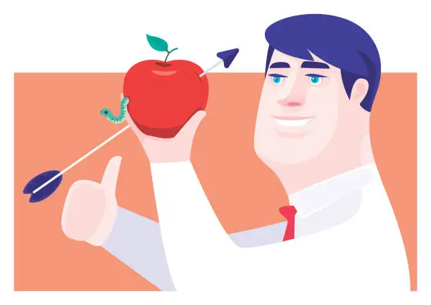 Vector illustration of businessman holding apple with arrow and worm