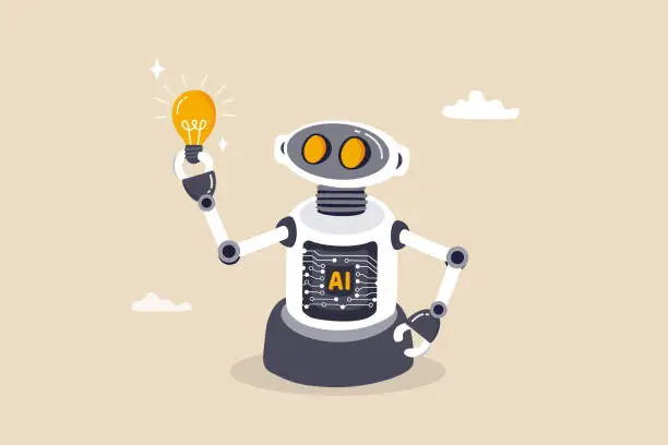 Vector illustration of AI artificial intelligence technology to think and advice new idea, machine learning chatbot to support and help, innovation or automation, smart robot with AI chip thinking about new lightbulb idea.