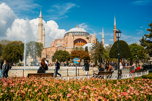 Istanbul, Turkey - April 19, 2023: Exterior of the Hagia Sofia in Istanbul, Turkey.