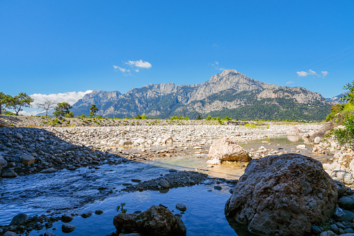 Riverbed with the Taurus Mountains in the background. Landscape in Turkey.