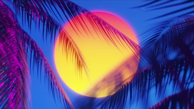 Sunset behind palm leaf, Retrowave Background