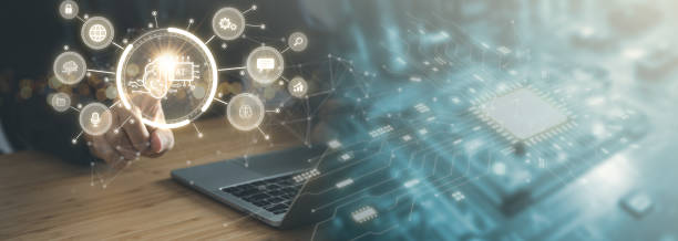 istock Digital information technology concept. Businessman and artificial intelligence icon on the screen. Chatbot and AI concept. 1497830103