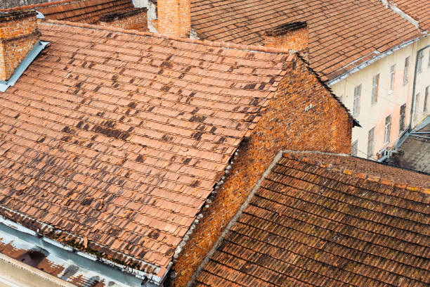istock Tile rooftops in old medieval town. Ancient city from above with red tiling roofs 1497831749