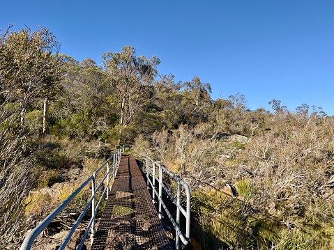 Horizontal closeup photo of a wooden plank and metal railing bridge crossing a river surrounded by granite boulders, Eucalyptus trees, native plants, shrubs and grasses growing on a steep hill near Dangar’s Gorge in the Oxley Wild Rivers National Park near Armidale, NSW.