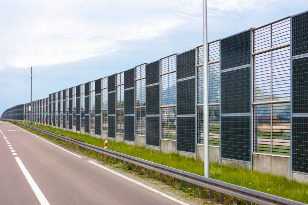 Noise Barrier, Noise-absorbing barrier, Soundwall, Noise Wall, Sound Berm, Sound Barrier, Acoustical barrier. Soundproof Shield. High noise insulation panels on Road.