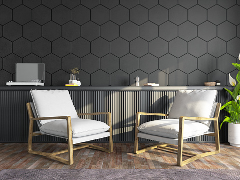 Black Stylish Room with Armchairs and Empty Wall. 3D Render