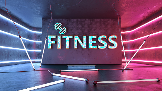 Neon Fitness Sign with Fluoroscent Lights in an Abstract Room. 3D Render