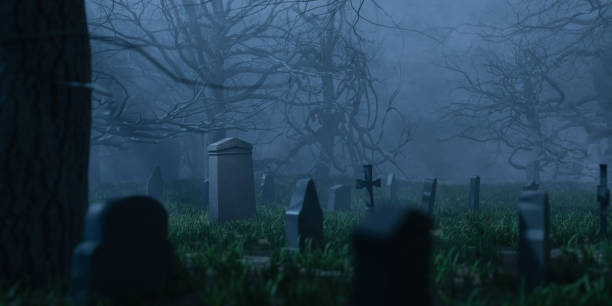 istock Leafless trees and graves in cemetery in evening. 3d render 1497833298