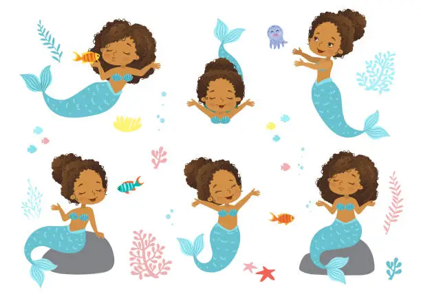 Vector illustration of Vector set of mermaids. Illustration of Beautiful Girl Mermaid african american ethnicity
