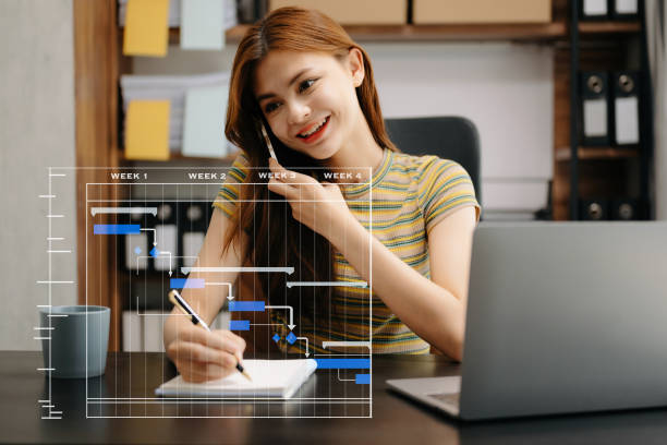 istock Project manager working and update tasks with milestones progress planning and Gantt chart scheduling diagram. business working with smart phone, tablet and laptop in office. 1497833877