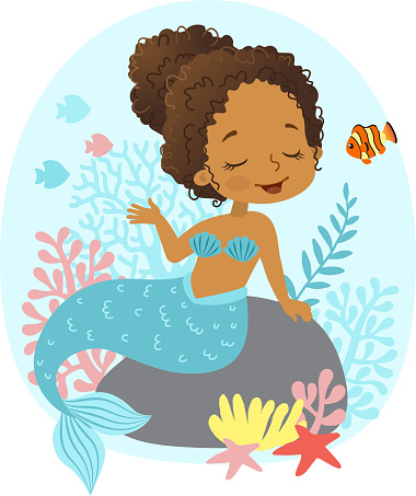 Vector illustration in a cartoon style of Beautiful Girl Mermaid african american ethnicity