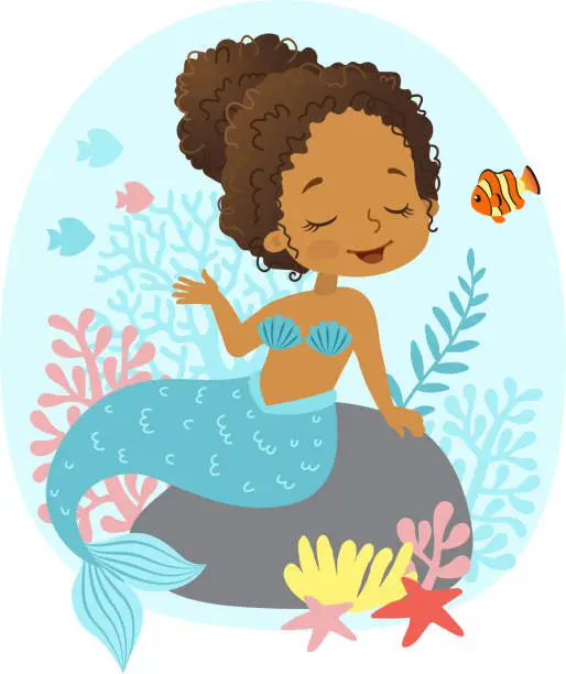 Vector illustration of Vector illustration of Beautiful Girl Mermaid african american ethnicity