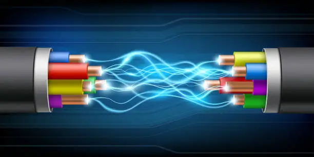 Vector illustration of Electrical wires or cable with glowing electric arc discharge