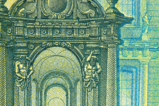 details of the one hundred euro European banknote , a close-up of a part of the 100 euro banknote of the European Union