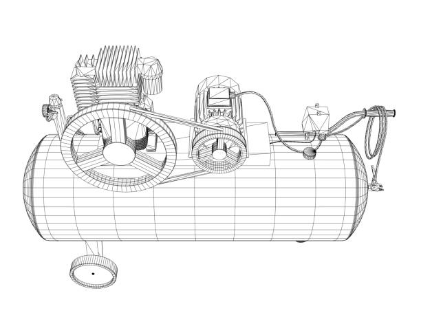 luftkompressor isoliert auf weiß. luftkompressor pneumatisches symbol. drahtgitter-luftkompressor-pneumatik-vektorsymbol für webdesign isoliert auf weißem hintergrund. flaches vektordesign des drahtmodells. .3d. - gas fuel pump symbol metal stock-grafiken, -clipart, -cartoons und -symbole