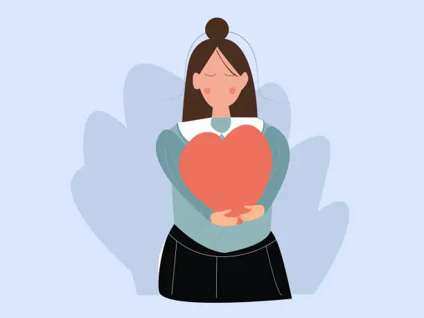 Vector illustration of Young woman embracing a big red heart with sober and love self acceptance and confidence concept.vector illustration.