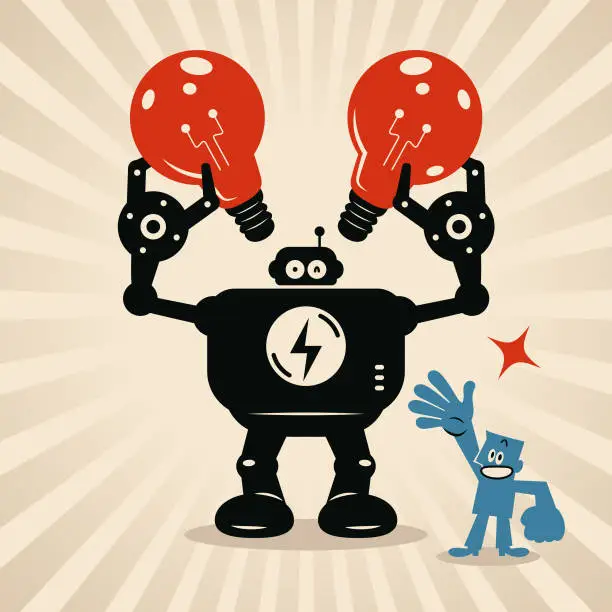 Vector illustration of A smiling blue man happily shows an artificial intelligence robot with big idea light bulbs