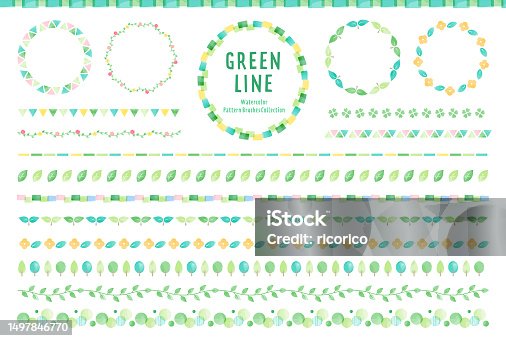 istock Line set of green watercolor illustrations. Pattern brush available.Good for design materials such as frames, decorative borders, backgrounds, etc. 1497846770