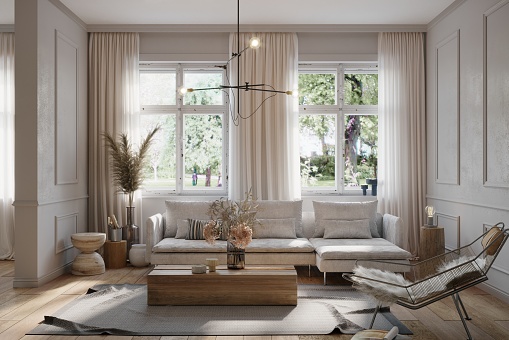 Luxury living room with white sofa, armchair, coffee table, two big windows and baseboard on the wall. 3d render image.