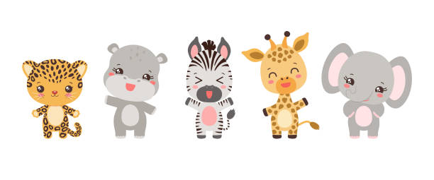 Cute african animal set. Kawaii style safari animals vector illustration. Cute cartoon collection. Happy tropical animals leopard, cheetah, giraffe, zebra, elephant, hippopotamus. Adorable characters. giraffe calf stock illustrations