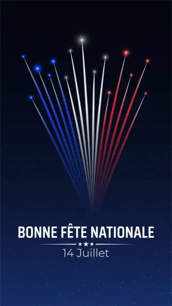 Vector illustration of Banner 14 july bastille day in france, template with french colorful fireworks on dark sky background. French national holiday. Fireworks france flag. Vector. Translation: Happy National Day July 14