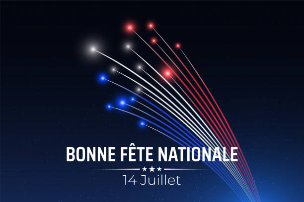 ilustraciones, imágenes clip art, dibujos animados e iconos de stock de banner 14 de julio día de la bastilla en francia, plantilla con fuegos artificiales de colores franceses sobre fondo de cielo oscuro. fiesta nacional francesa. fuegos artificiales bandera de francia. vector. traducción: feliz día nacional 14 de julio - blue background french culture european culture france