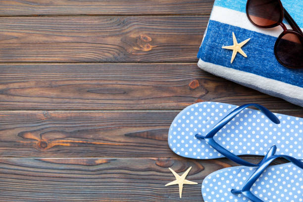 istock Summer vacation concept flat lay. beach accessories and towel top view. Space for text. travel concept 1497852072