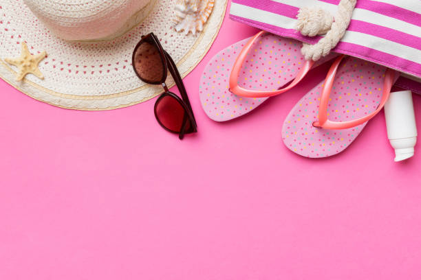 istock Summer vacation concept flat lay. straw hat beach accessories and towel top view. Space for text. travel concept 1497852097