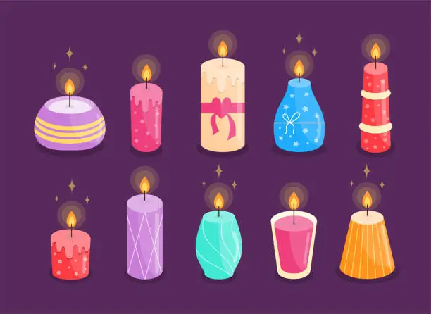 Vector illustration of Lighted Aroma Candles Cartoon Set. Comfort Theme, Home Design and Romance Elements.