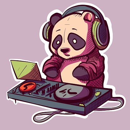 Digital art of a cool panda with sunglasses and a jacket mixing in the club. Vector of a DJ bear character.