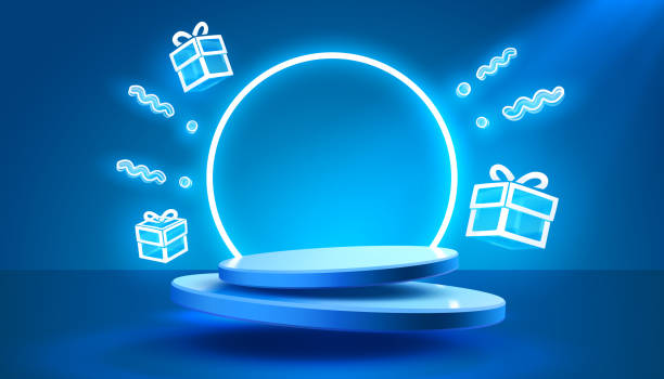 illustrazioni stock, clip art, cartoni animati e icone di tendenza di scena regalo mega vendita, banner del podio dello shopping, piedistallo notturno al neon. vettore - number financial figures mathematics backgrounds