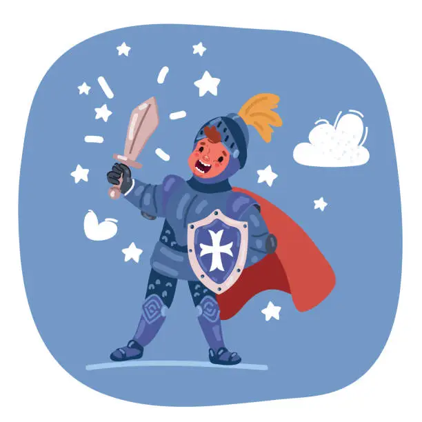 Vector illustration of Vector illustration o knight boy holding sword and shield