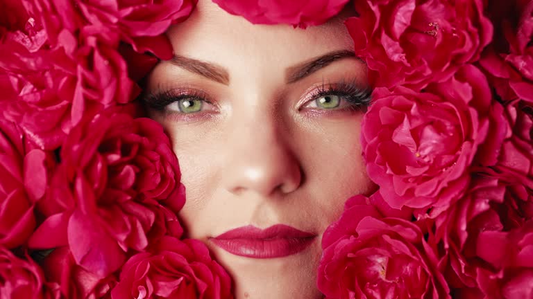 Portrait beautiful woman face with perfect make-up in roses flowers decoration