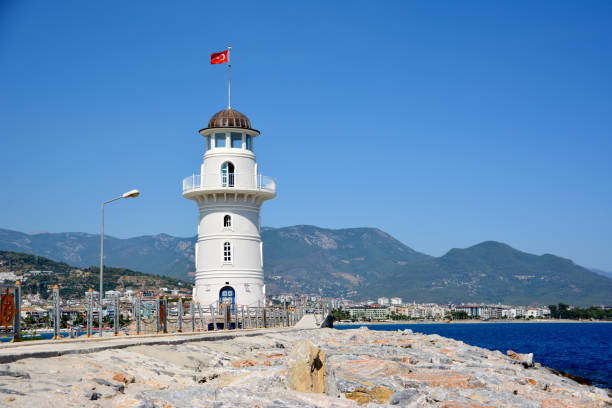 istock white lighthouse isolated with blue sky and mountains on background, copy space 1497857319