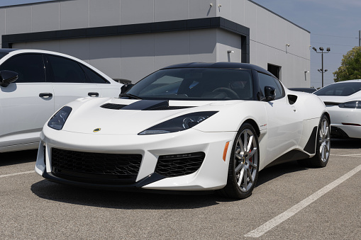 Indianapolis - June 10, 2023: Lotus Evora GT display at a dealership. Lotus offers the Evora GT with a supercharged V6 engine.