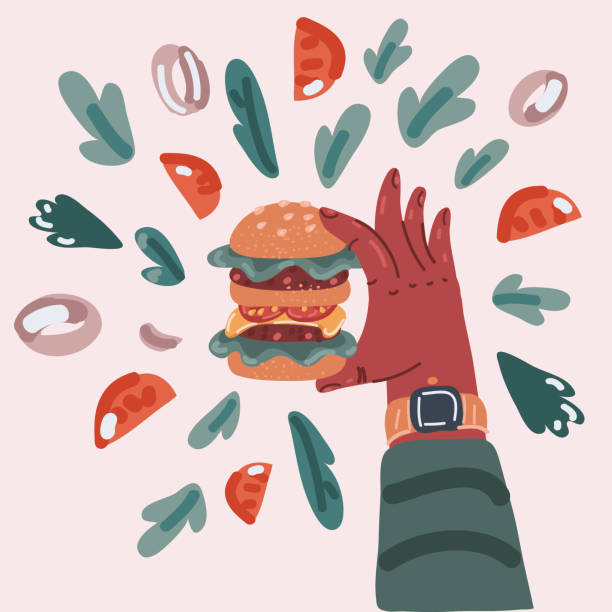 맛있는 햄버거가 있는 손의 벡터 그림 - sandwich lunch people portion stock illustrations