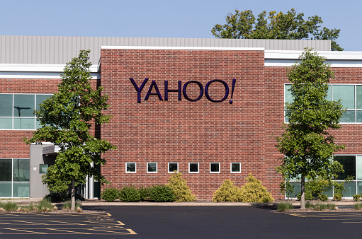 Champaign - June 2, 2023: Yahoo! research office. Yahoo! is part of Verizon and Apollo Global Management and provides web services and cloud computing.