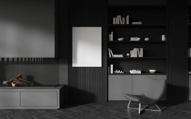 istock Black chill room interior armchair and fireplace with decoration, mockup frame 1497859746
